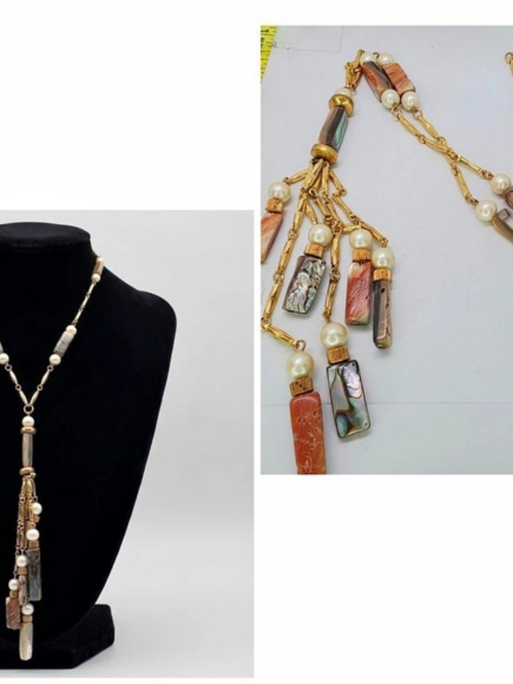 Vtg Gold Tone Bar Link Mother of Pearl Abalone Shell Y Drop Tassel Necklace